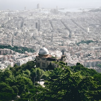 A sprawling cityscape view of Barcelona, featuring a mix of historic and modern architecture. In the foreground, an observatory with a domed roof is surrounded by lush green trees. The city stretches out toward the sea, with distinct grid patterns formed by its streets.