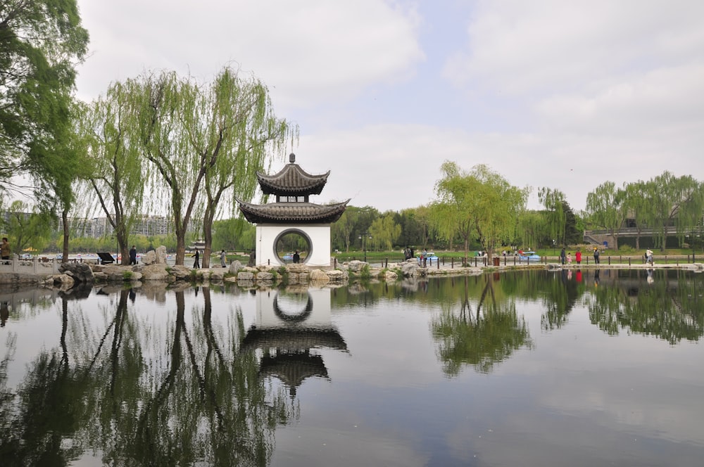 a large body of water surrounded by trees