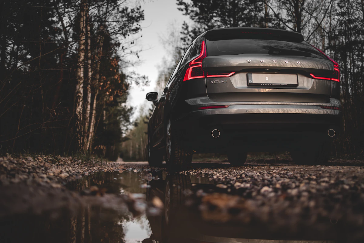 Volvo na leśnej drodze, widok od tyłu