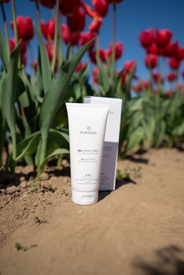A tube of PlantaDea bio body cream is displayed in the foreground on soil, with a background of vibrant red tulips and green leaves under a clear blue sky.