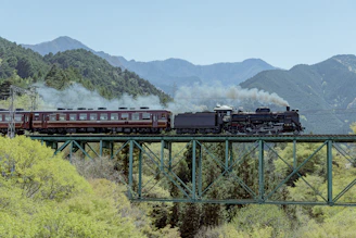A vintage steam locomotive crossing a wooden trestle bridge with rugged western mountains in the background.