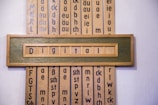 A wooden framed artwork displaying the word 'Digital' in blue letters set against a muted green background. Vertical panels in the background contain various combinations of letters and phonetic symbols in blue on a beige surface.