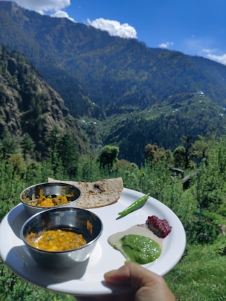 A person holding a white plate with various foods, including two metal bowls with lentils and curry, a piece of flatbread, sauces, and a green chili. The background features a scenic view of a lush green mountainous landscape under a blue sky with clouds.