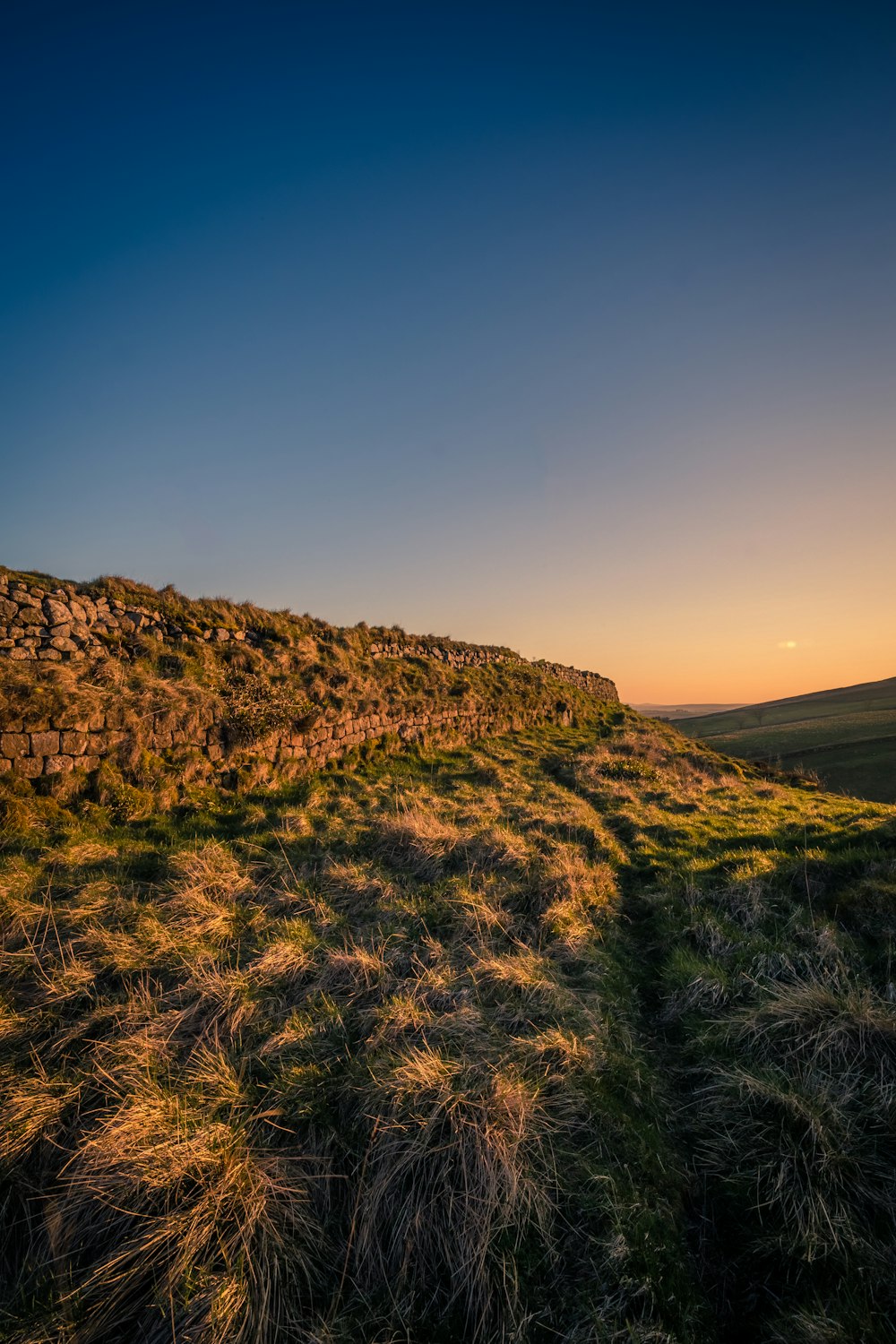 the sun is setting on a grassy hill