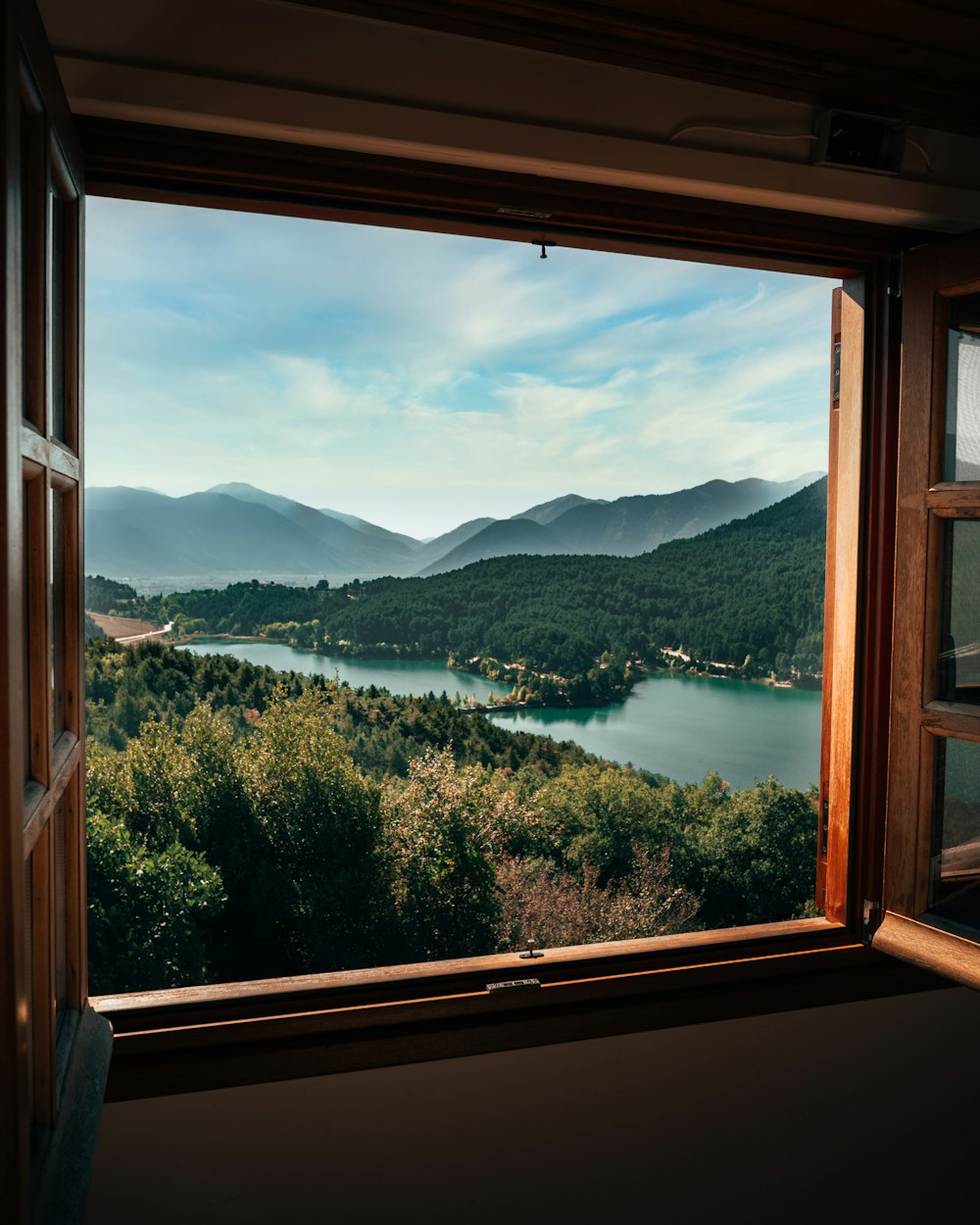 a view of a lake through a window