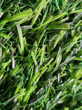 Close-up of freshly installed synthetic grass with morning dew