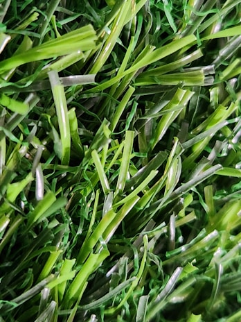 A close-up view of vibrant, green blades of synthetic grass with a realistic texture and sheen.