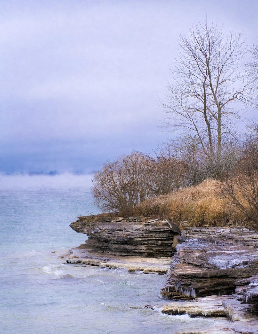 a large body of water sitting next to a rocky shore