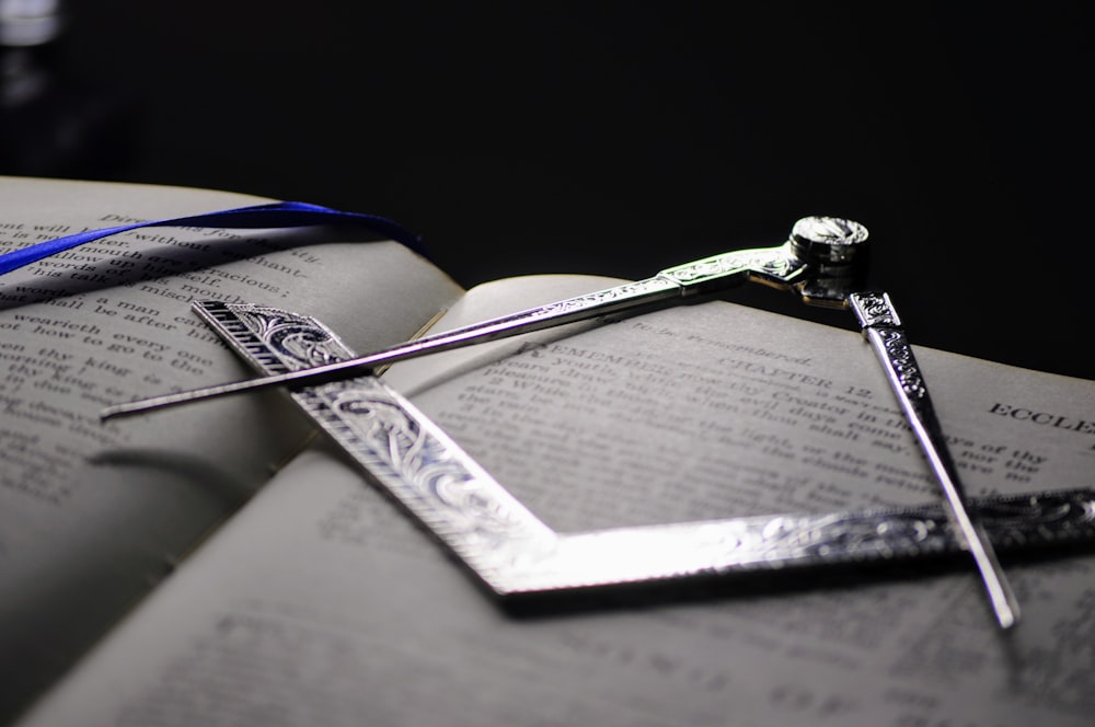 a pair of scissors sitting on top of an open book