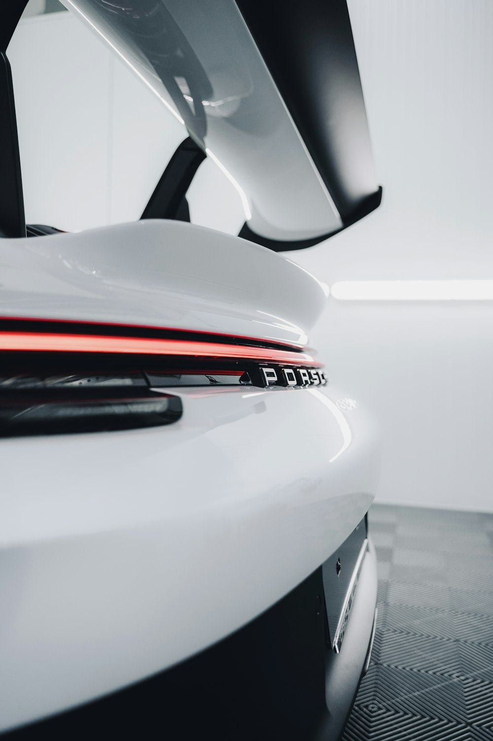 a close up of the tail lights of a white sports car