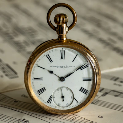 a pocket watch sitting on top of sheet music