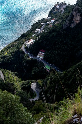 A winding coastal road cuts through dense green forests on rocky cliffs. Several houses with red and white rooftops are nestled among the trees, overlooking the vast, vibrant blue ocean. The sunlight shimmers on the water, creating a contrast with the shadowed greenery.