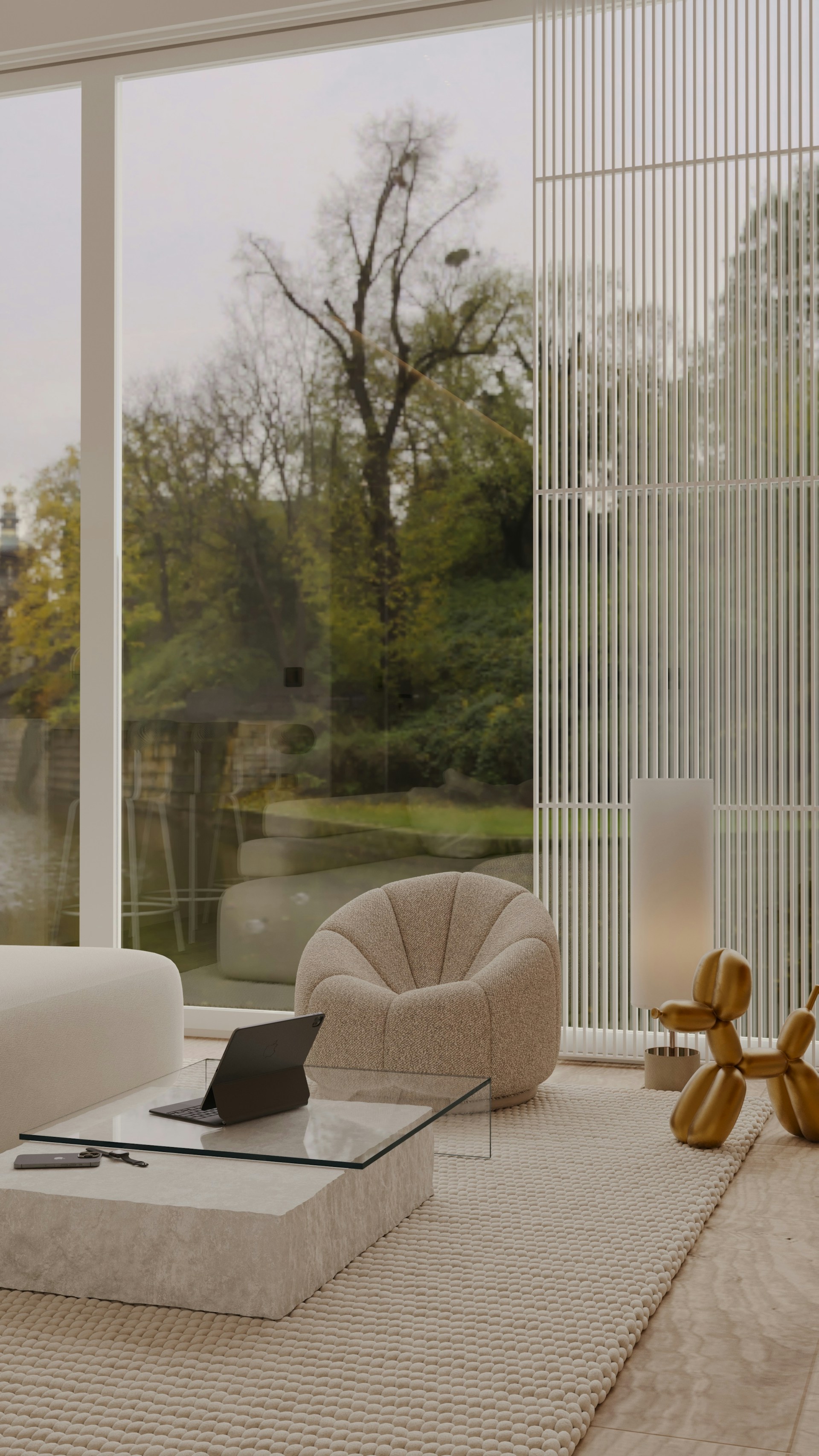 A cozy interior of a modern villa living room with large windows and minimalist decor.