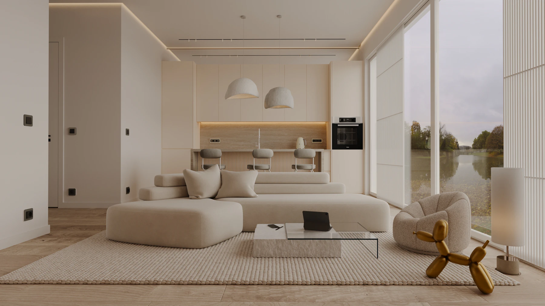 Wide interior of a modern living room with a large window