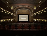 A grand, ornate theater with a large screen at the center, surrounded by elegantly designed architectural elements. The interior features intricate patterns and warm lighting, with multiple levels of seating and decorative balconies. The atmosphere suggests a historic or classic design theme.