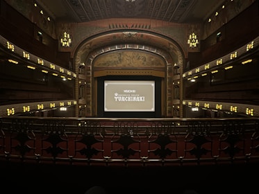 A grand, ornate theater with a large screen at the center, surrounded by elegantly designed architectural elements. The interior features intricate patterns and warm lighting, with multiple levels of seating and decorative balconies. The atmosphere suggests a historic or classic design theme.