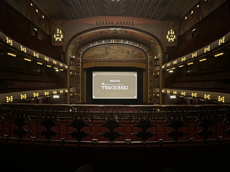 A grand, ornate theater with a large screen at the center, surrounded by elegantly designed architectural elements. The interior features intricate patterns and warm lighting, with multiple levels of seating and decorative balconies. The atmosphere suggests a historic or classic design theme.