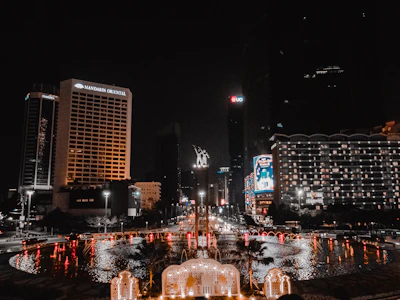 An evening shot of the city skyline viewed from Mandarim's office window.
