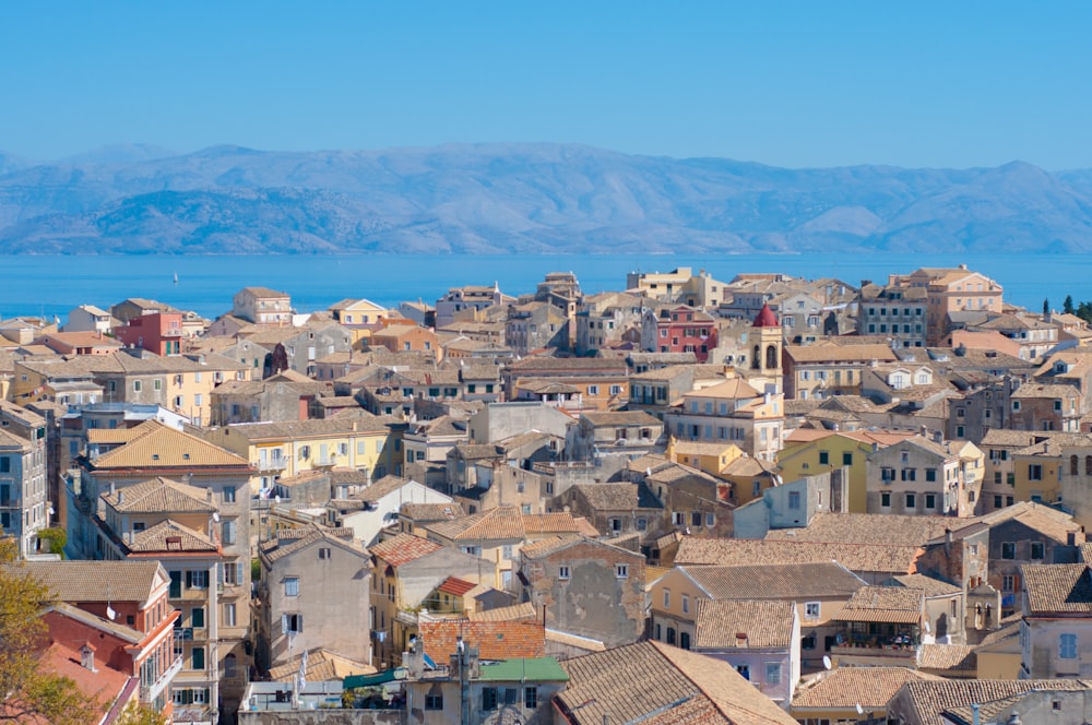 a view of a city with mountains in the background