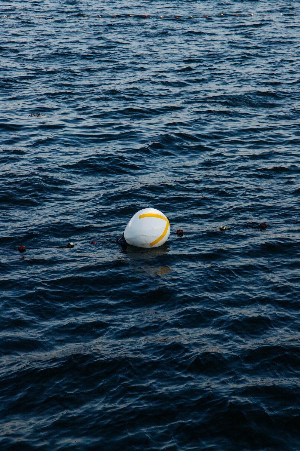 a white and yellow ball floating on top of a body of water