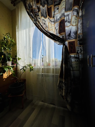 A sunlit room with curtains featuring black-and-white cityscape prints and New York references. Plants are placed near the window, bringing a touch of nature into the space. Soft daylight filters through the transparent curtains, creating a warm and inviting atmosphere.