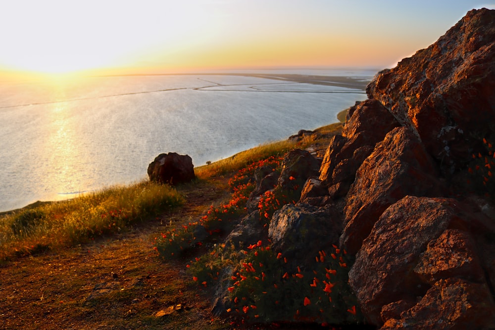 the sun is setting over the water from the top of a hill