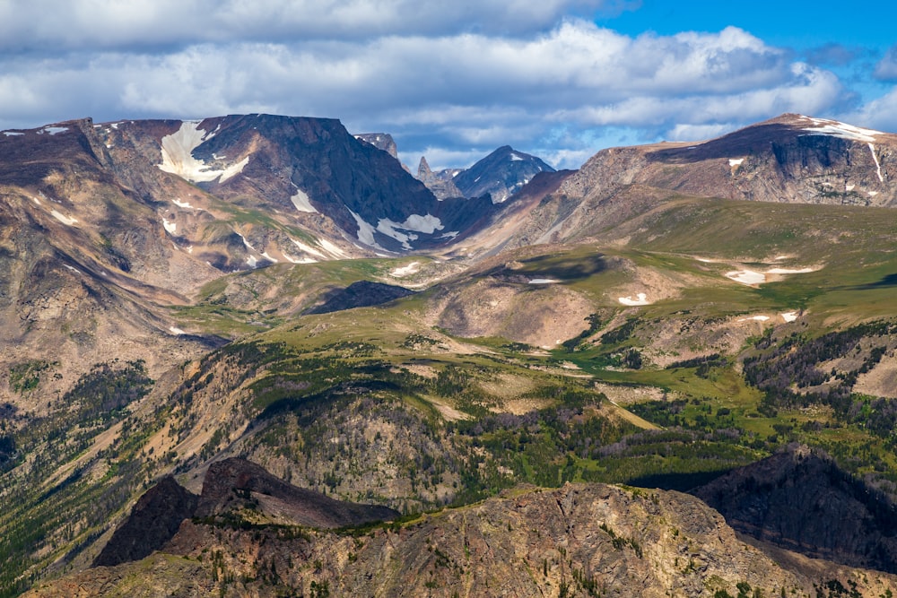 a mountain range with snow capped mountains in the distance