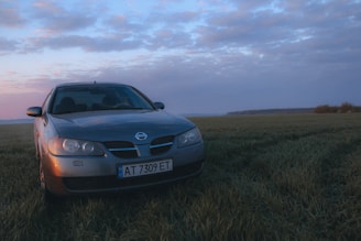 A silver car with Ukrainian license plates is parked in the middle of a green field under a partly cloudy sky during sunrise or sunset. The sky has a warm, colorful gradient effect with shades of blue, pink, and orange.