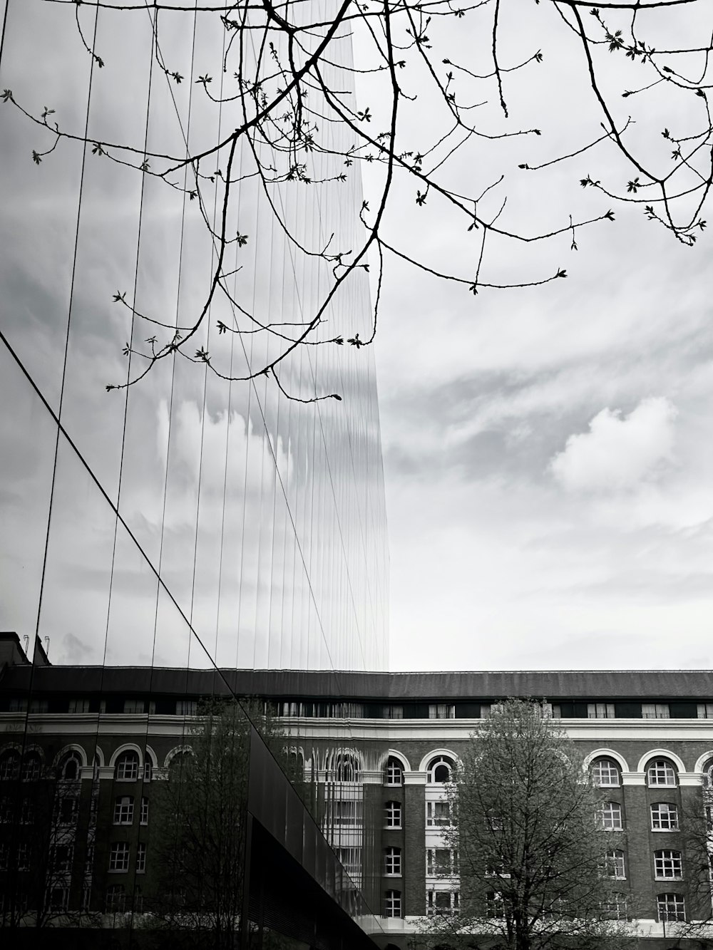 a black and white photo of a building and trees