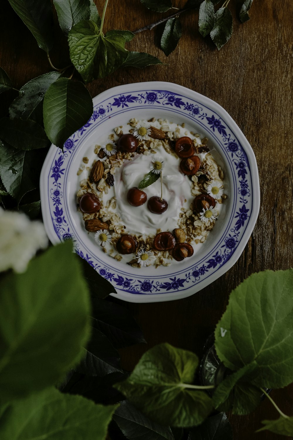 a blue and white plate topped with yogurt and nuts