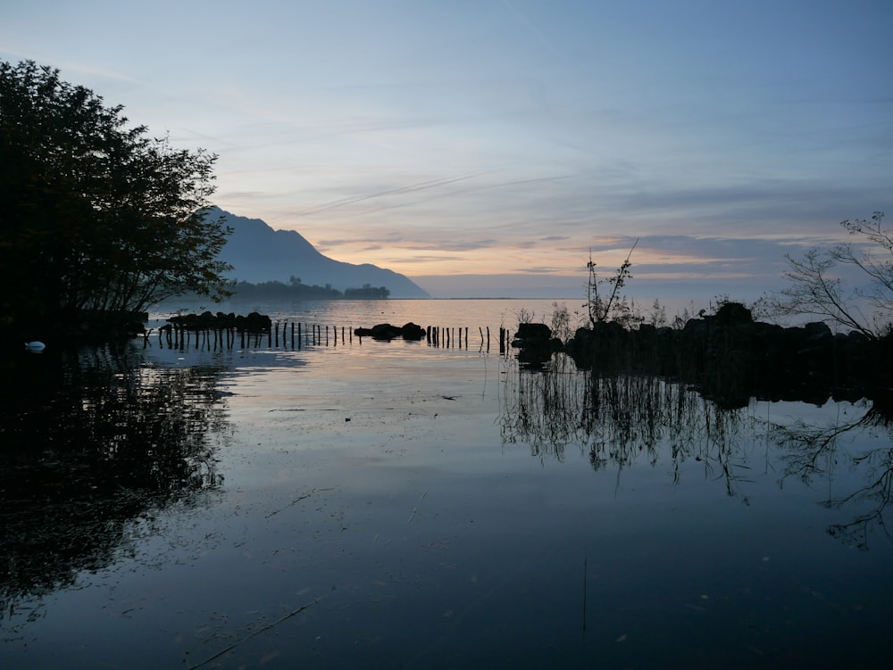 a body of water with trees and mountains in the background