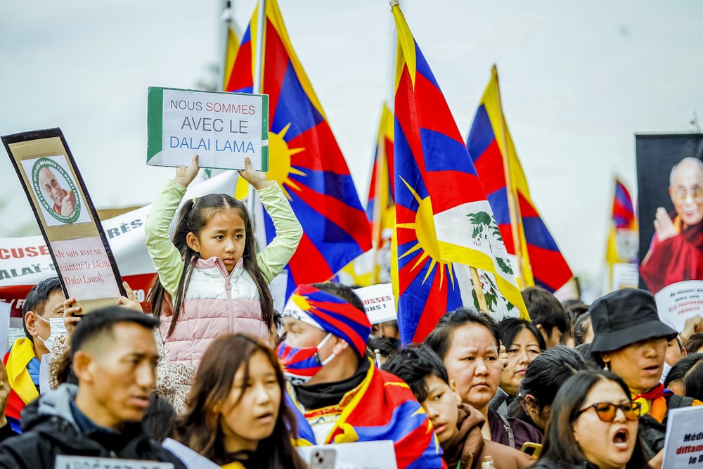 a crowd of people holding signs and flags