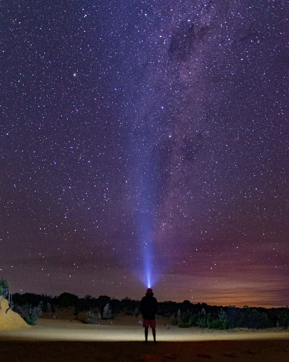 a person standing in the middle of a field under a night sky filled with stars