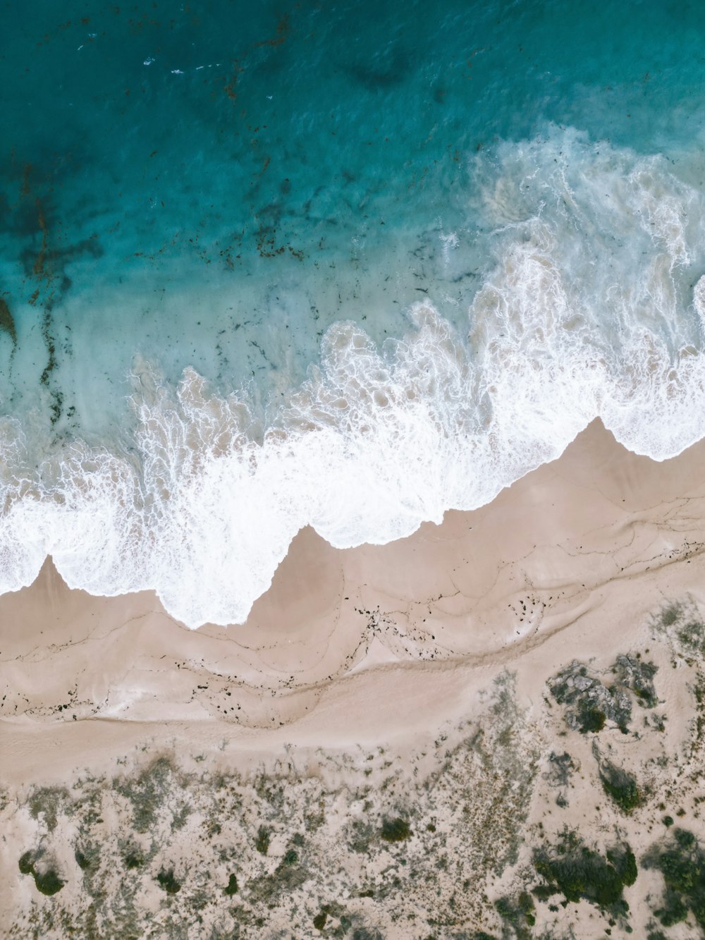 an aerial view of a sandy beach and ocean