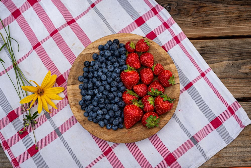 a plate of strawberries and blueberries on a checkered tablecloth