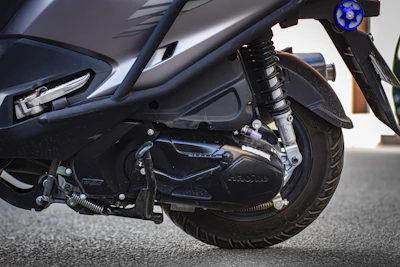 Close-up of a Segway SSV's sturdy tires and suspension system.