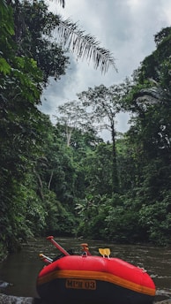 A red inflatable raft with paddles rests on the edge of a calm river surrounded by dense, lush green jungle foliage. Tall trees with a thick canopy rise into an overcast sky, creating a tranquil yet adventurous atmosphere.