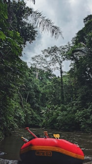 A red inflatable raft with paddles rests on the edge of a calm river surrounded by dense, lush green jungle foliage. Tall trees with a thick canopy rise into an overcast sky, creating a tranquil yet adventurous atmosphere.