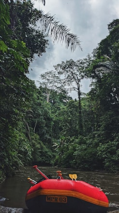A red inflatable raft with paddles rests on the edge of a calm river surrounded by dense, lush green jungle foliage. Tall trees with a thick canopy rise into an overcast sky, creating a tranquil yet adventurous atmosphere.