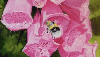 a painting of a pink flower with a bee on it