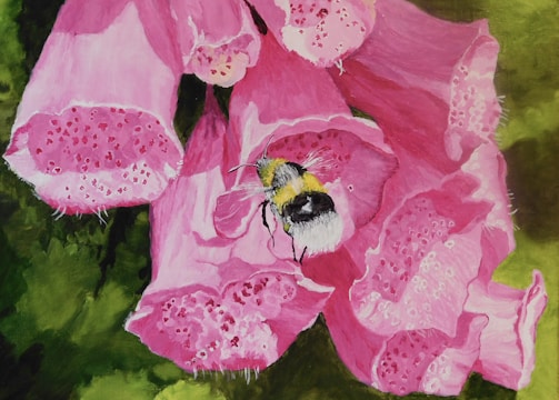 a painting of a pink flower with a bee on it