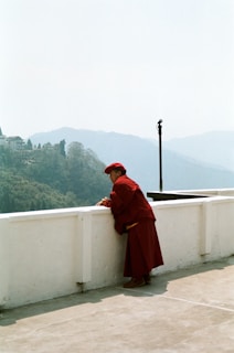 A person dressed in red robes leans against a white wall, gazing outward. In the background, misty mountains are visible, along with some buildings and trees, suggesting a serene and elevated setting.