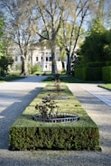 A well-maintained garden features manicured hedges with evenly spaced metal plant baskets containing small bushes. The pathway is bordered by large, mature trees that arch over the scene, leading the eye towards a grand building in the background.