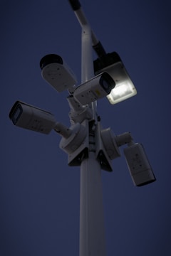Surveillance cameras installed around a residential house at dusk.
