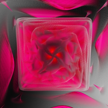 A digital abstract artwork featuring a central geometric shape resembling a cube with red and pink hues. The surrounding area consists of curved, flowing patterns in similar colors creating a layered effect. The texture appears intricate and mesh-like, adding depth to the image.