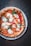 A round pizza topped with melted mozzarella cheese, fresh basil leaves, and tomato sauce, served on a white plate. The crust is well-baked with a golden-brown hue.
