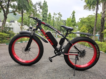 A black electric bicycle with large, wide tires and red wheel rims is parked on a paved path. The bike is labeled with 'VOLTEBYK' on the frame. It is surrounded by a lush, green park with trees and vegetation, and a backdrop of distant buildings and hills under an overcast sky.
