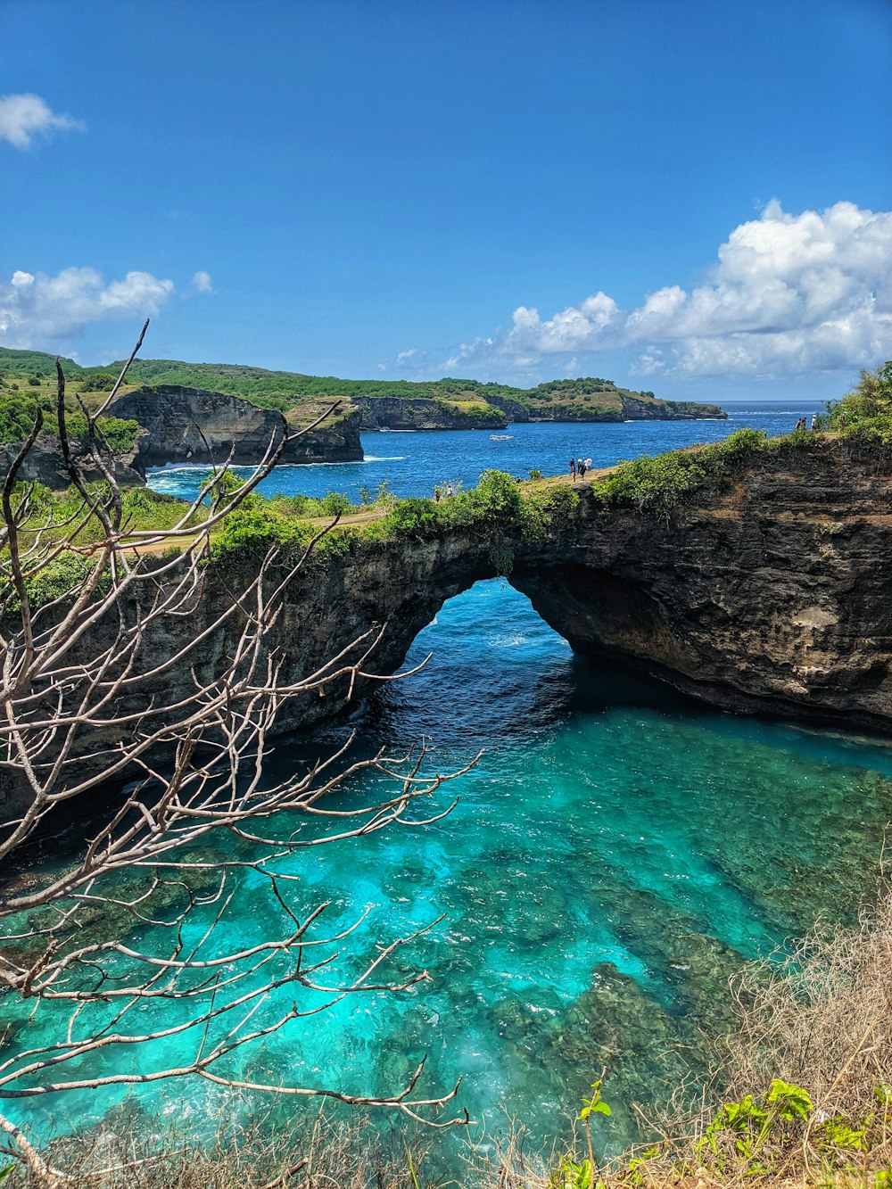 a large body of water surrounded by a lush green hillside