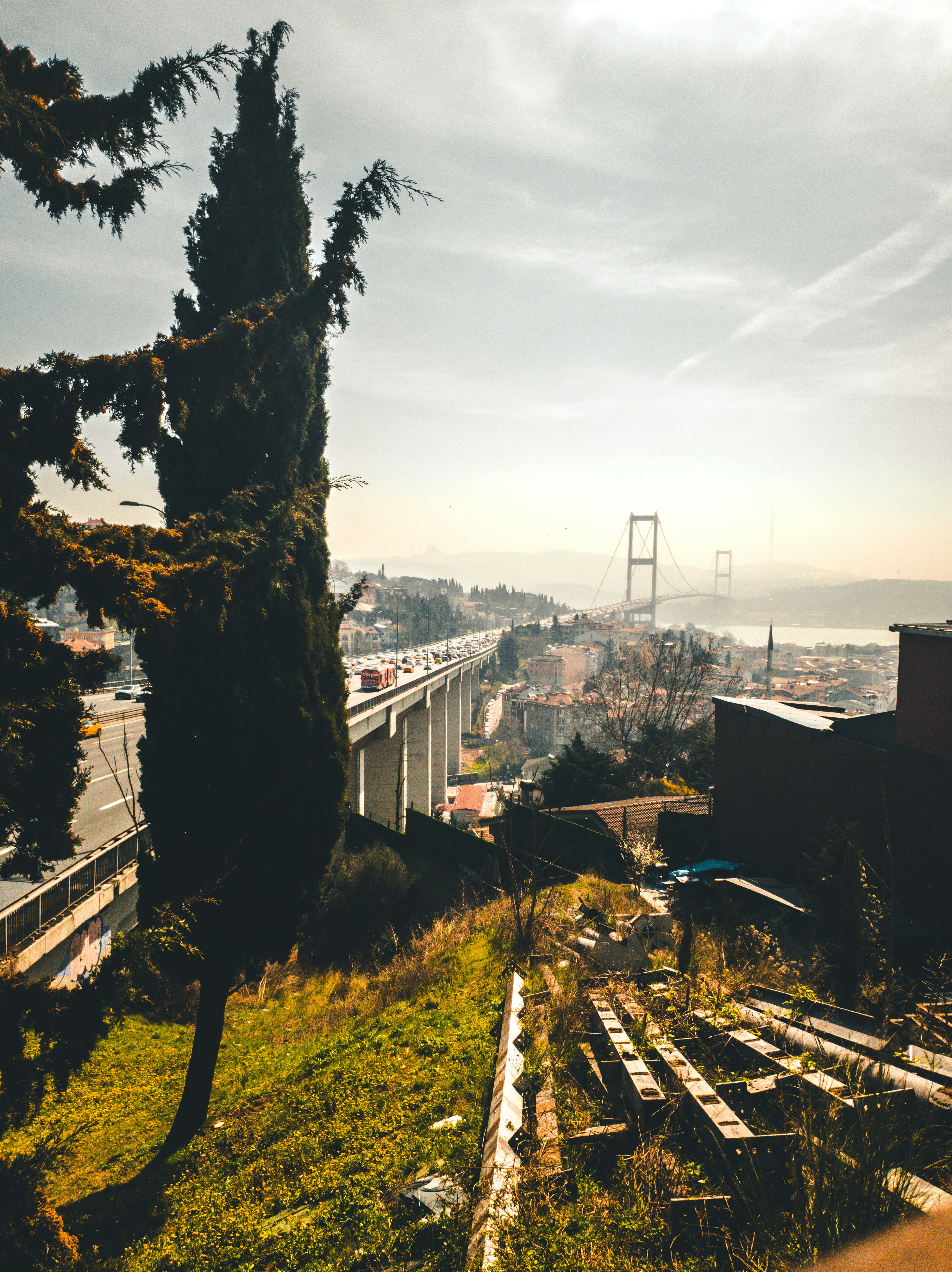 Ein Blick auf eine Brücke von einem Hügel