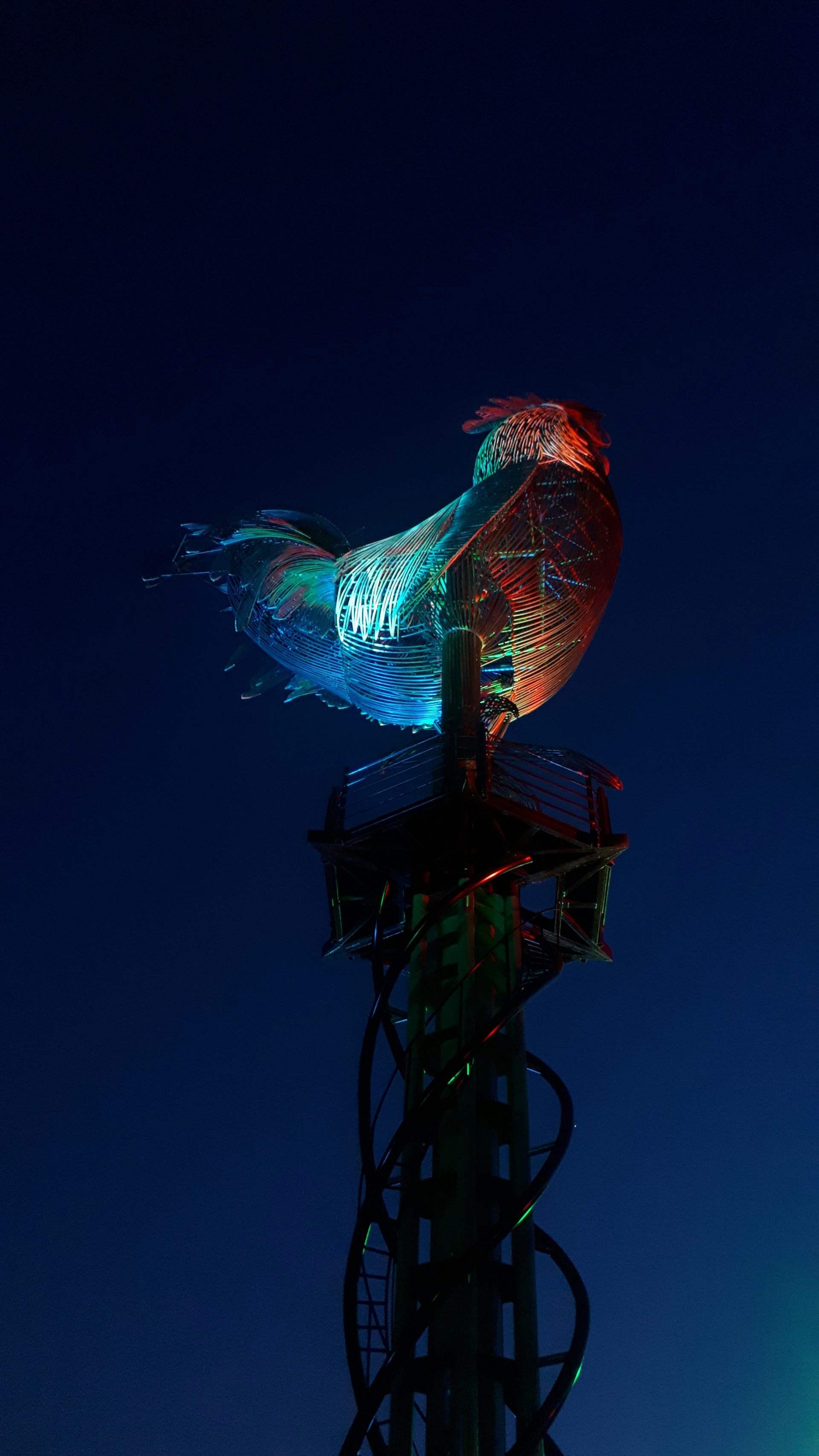a colorful bird sitting on top of a tower